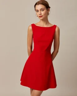 The Red Boat Neck High Waisted Mini Dress