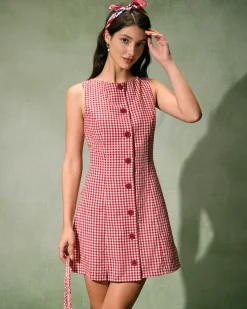 The Red Boat Neck Plaid Mini Dress