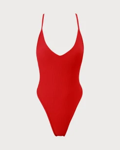 The Red Ribbed Cross Back One-Piece Swimsuit