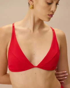 The Red Ribbed Cross Back Bikini Top