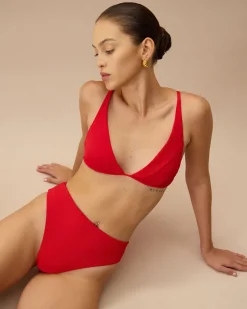 The Red Ribbed Cross Back Bikini Top