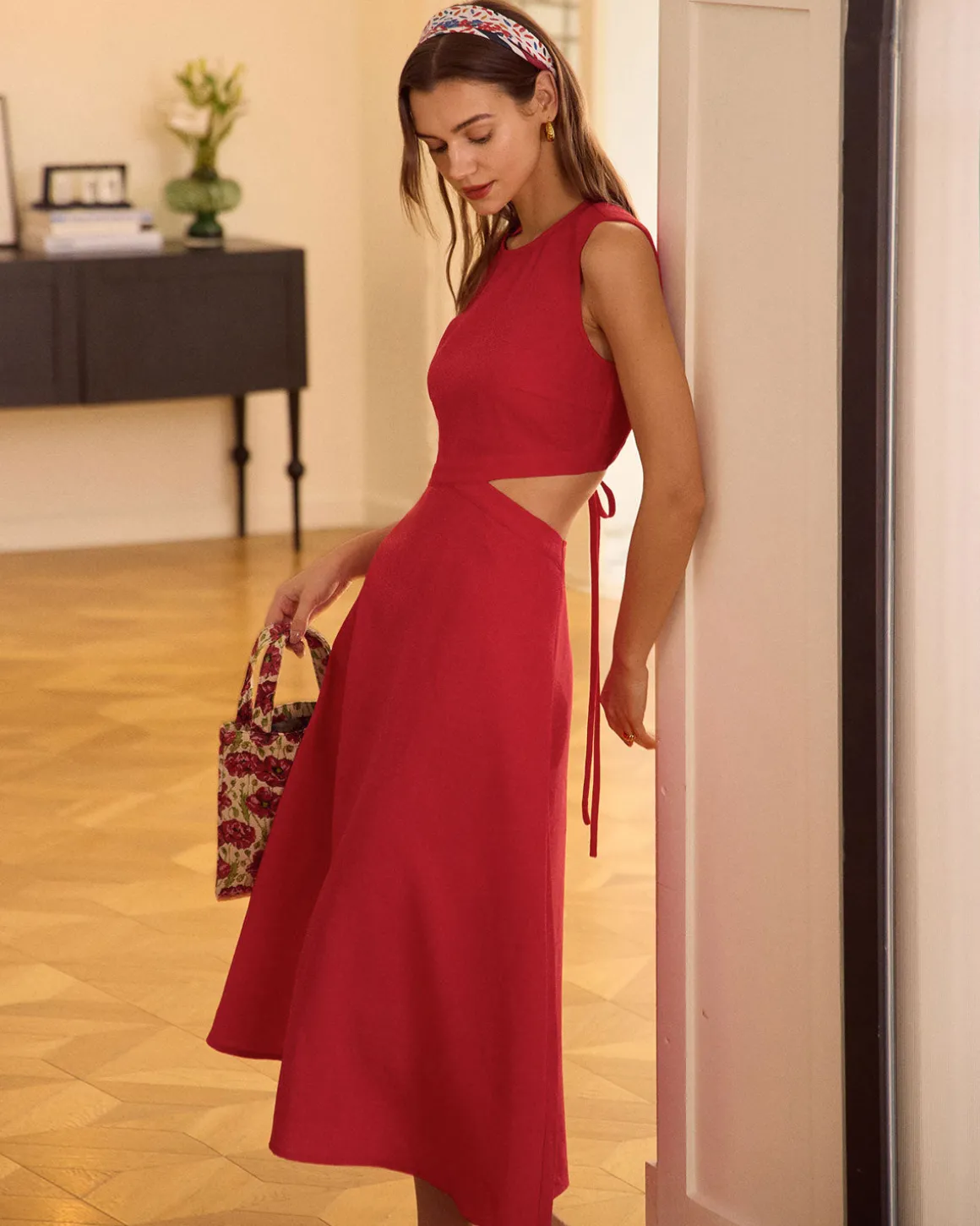 The Red Round Neck Cut-Out Midi Dress