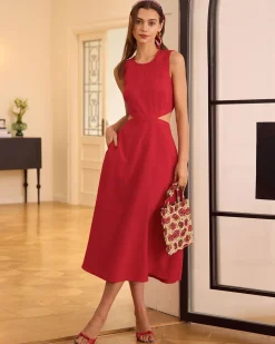 The Red Round Neck Cut-Out Midi Dress