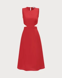 The Red Round Neck Cut-Out Midi Dress