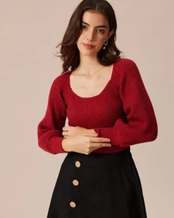The Red Scoop Neck Lantern Sleeve Sweater