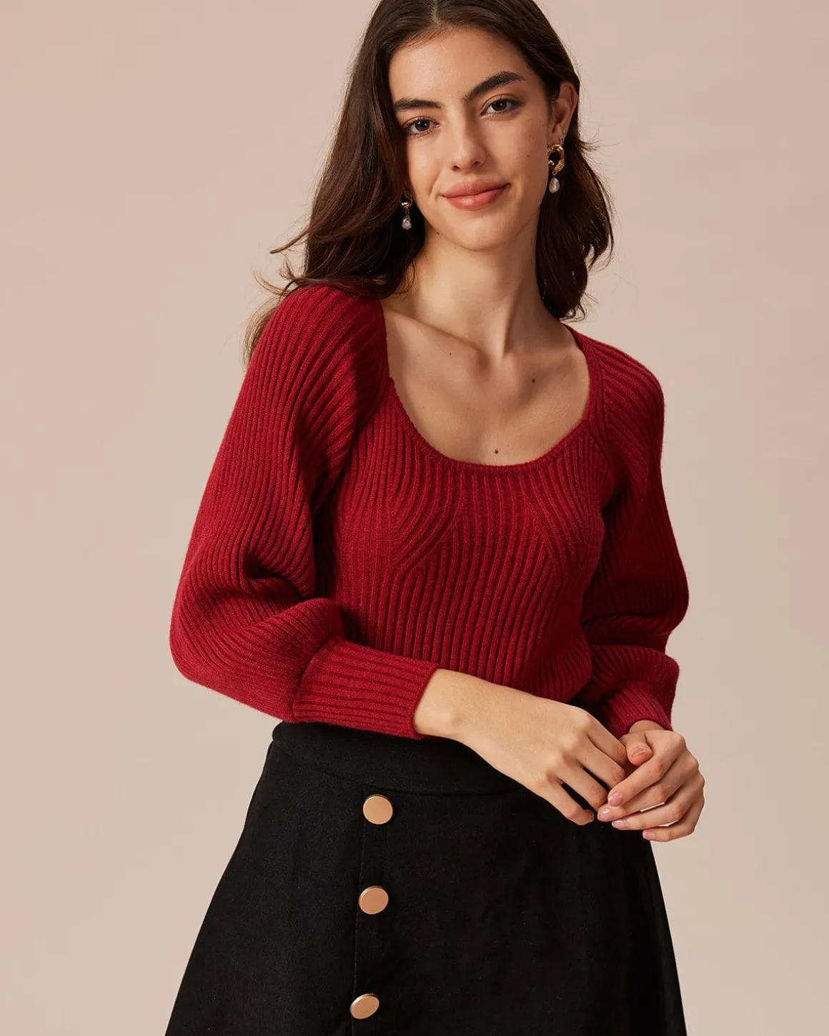 The Red Scoop Neck Lantern Sleeve Sweater