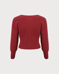 The Red Scoop Neck Lantern Sleeve Sweater