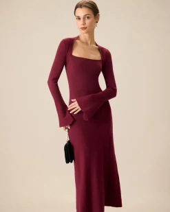 The Red Square Neck Flare Sleeve Midi Dress
