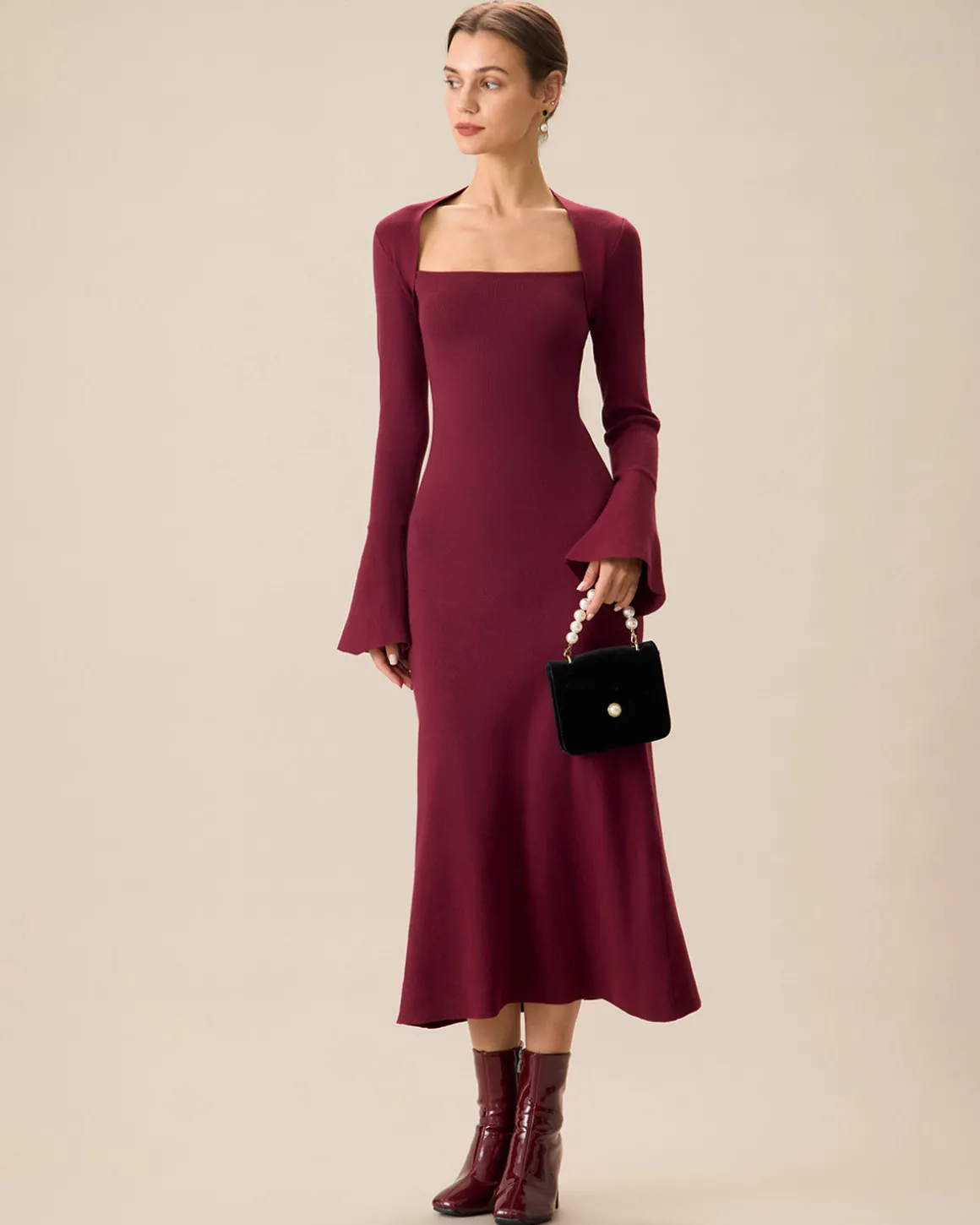 The Red Square Neck Flare Sleeve Midi Dress