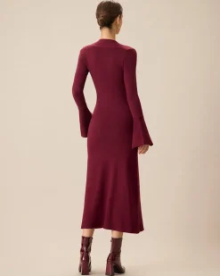 The Red Square Neck Flare Sleeve Midi Dress
