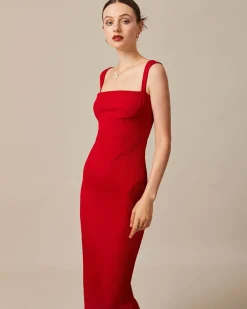 The Red Square Neck Ribbed Midi Dress