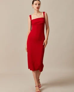 The Red Square Neck Ribbed Midi Dress
