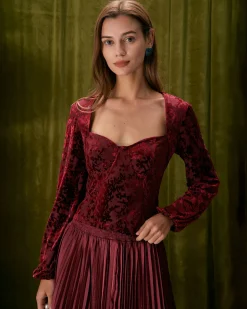 The Red Sweetheart Neck Burnout Blouse