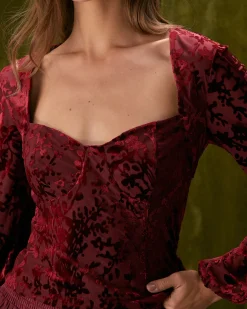 The Red Sweetheart Neck Burnout Blouse