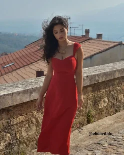 The Red Sweetheart Neck Cap Sleeve Midi Dress