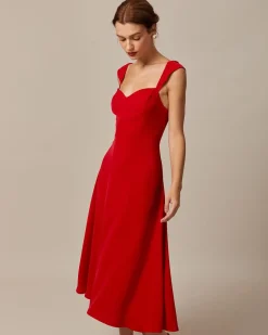The Red Sweetheart Neck Cap Sleeve Midi Dress