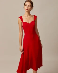The Red Sweetheart Neck Cap Sleeve Midi Dress