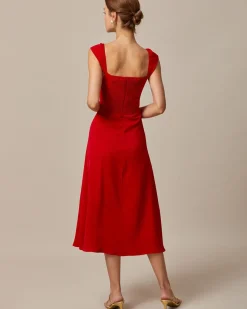 The Red Sweetheart Neck Cap Sleeve Midi Dress