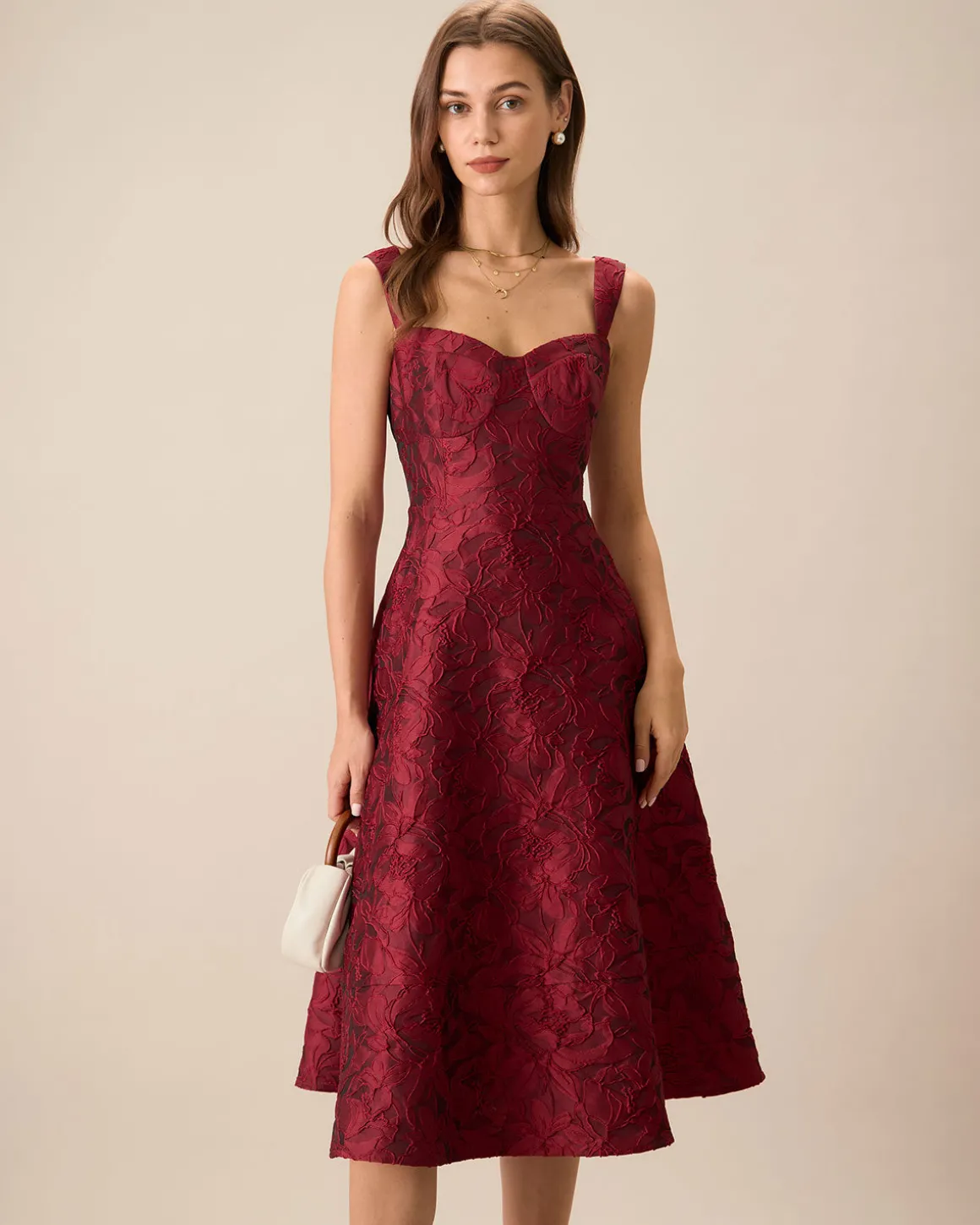 The Red Sweetheart Neck Jacquard Midi Dress