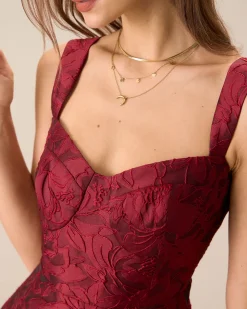 The Red Sweetheart Neck Jacquard Midi Dress