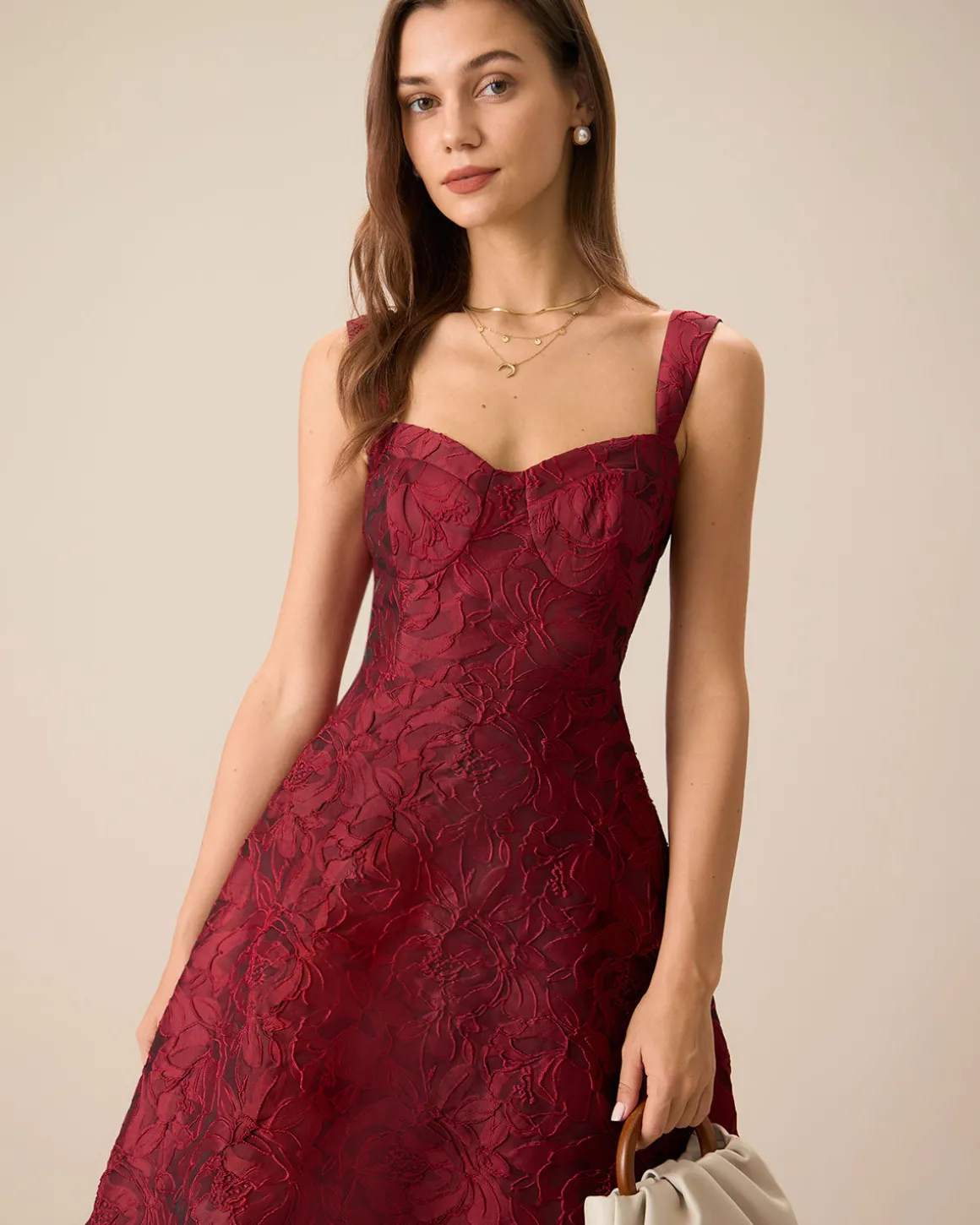 The Red Sweetheart Neck Jacquard Midi Dress