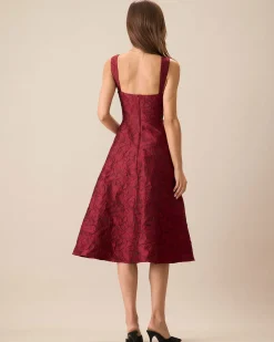 The Red Sweetheart Neck Jacquard Midi Dress