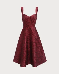 The Red Sweetheart Neck Jacquard Midi Dress