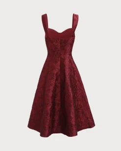 The Red Sweetheart Neck Jacquard Midi Dress