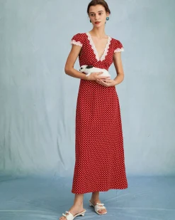 The Red V Neck Polka Dot Lace Ruched Maxi Dress