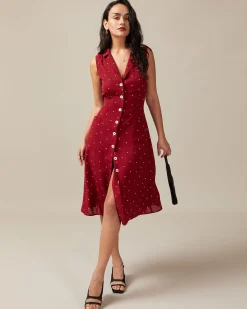The Red V Neck Polka Dot Tie Back Midi Dress