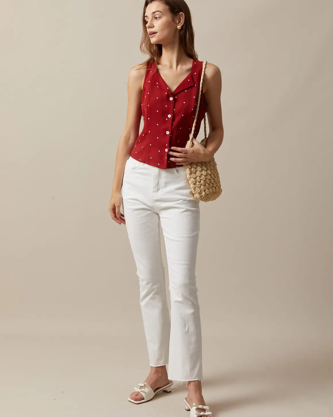 The Red V Neck Polka Dot Print Sleeveless Vest