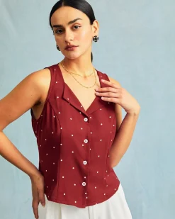 The Red V Neck Polka Dot Print Sleeveless Vest