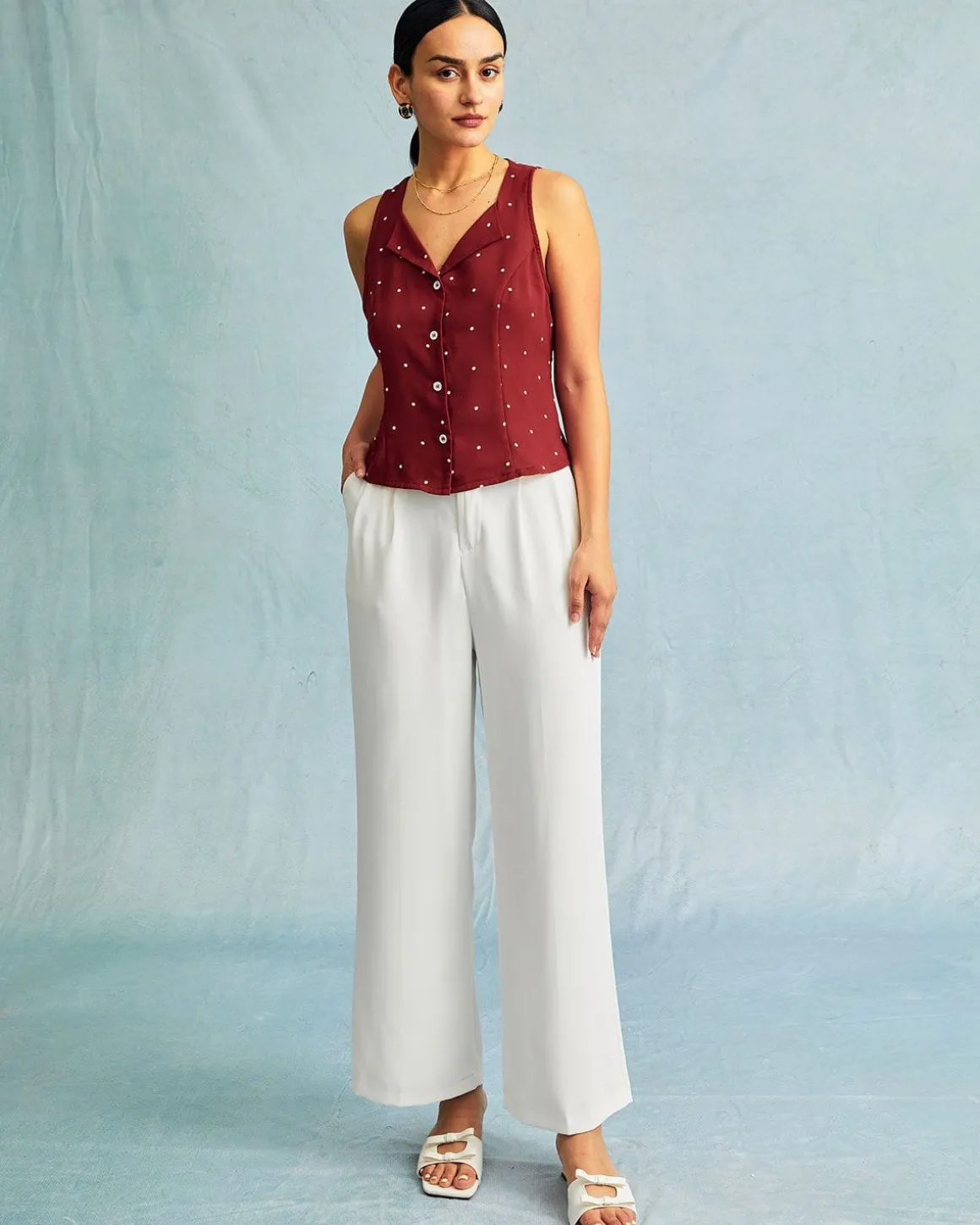 The Red V Neck Polka Dot Print Sleeveless Vest