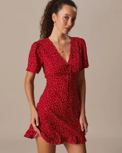 The Red V Neck Polka Dot Flounce Mini Dress