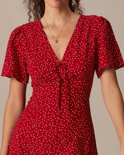 The Red V Neck Polka Dot Flounce Mini Dress