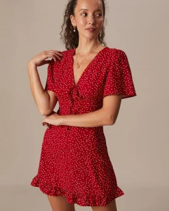 The Red V Neck Polka Dot Flounce Mini Dress