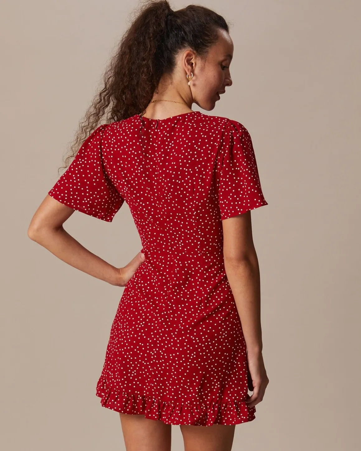 The Red V Neck Polka Dot Flounce Mini Dress