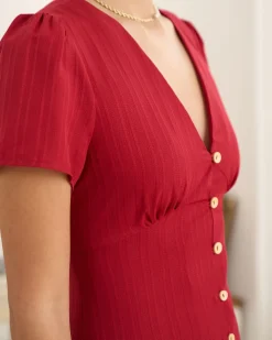 The Red V Neck Shirred Puff Sleeve Midi Dress