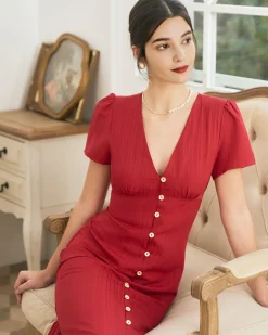 The Red V Neck Shirred Puff Sleeve Midi Dress