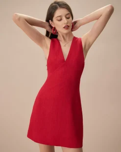 The Red V Neck Sleeveless Linen Mini Dress