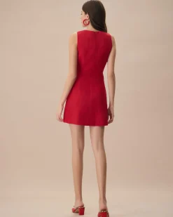 The Red V Neck Sleeveless Linen Mini Dress