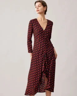 The Red V Neck Slit Long Sleeve Midi Dress