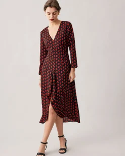 The Red V Neck Slit Long Sleeve Midi Dress