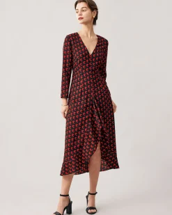 The Red V Neck Slit Long Sleeve Midi Dress