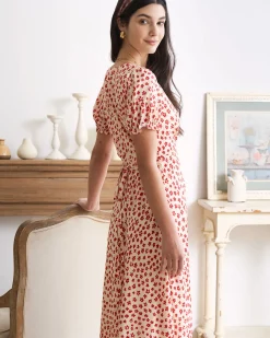 The Red V-Neck Floral Puff Sleeve Maxi Dress