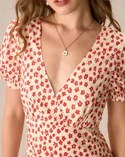 The Red V-Neck Floral Puff Sleeve Maxi Dress