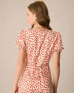 The Red V-Neck Floral Puff Sleeve Maxi Dress