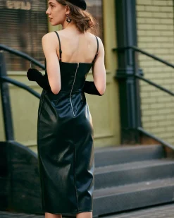 The Side Slit PU Leather Sling Midi dress
