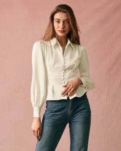 The Solid Collared Puff Sleeve Satin Blouse