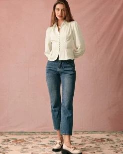 The Solid Collared Puff Sleeve Satin Blouse